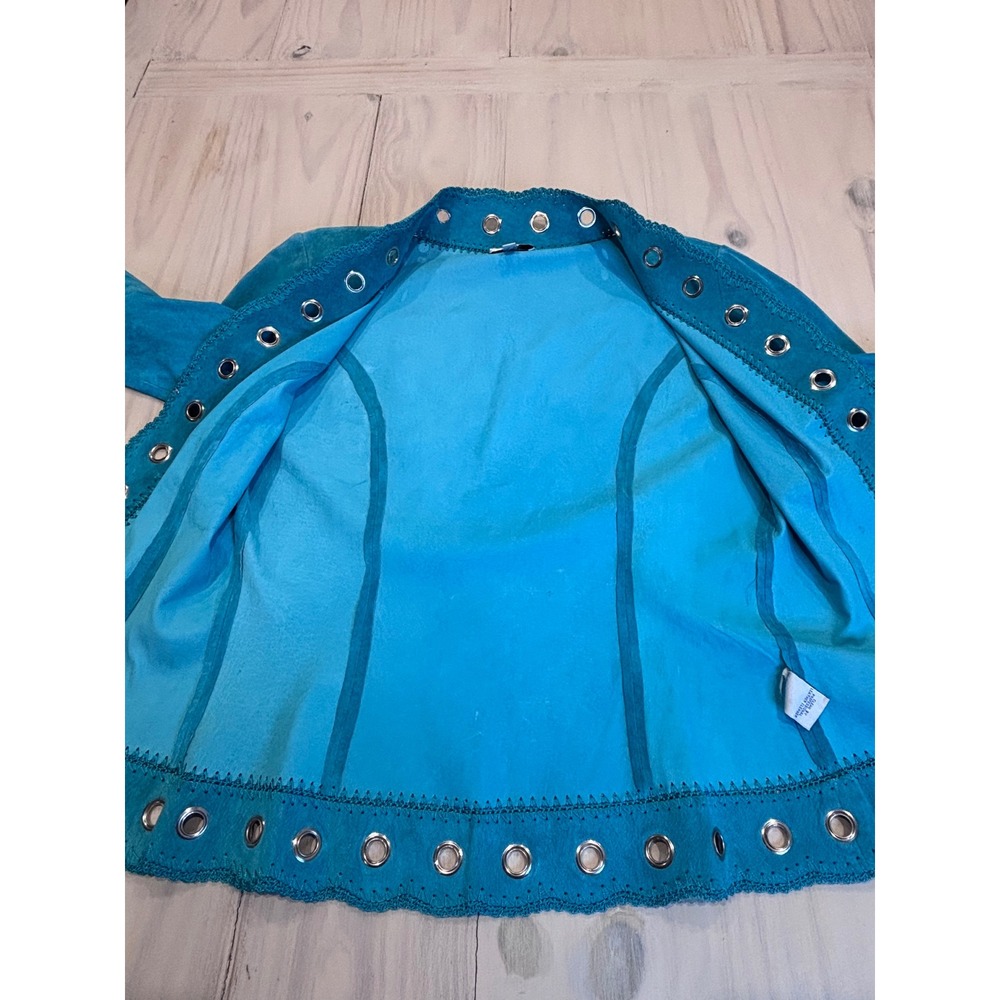 Cache Turquoise Blue Genuine Suede Leather Grommet Crochet Trim Jacket Medium - Picture 14 of 16